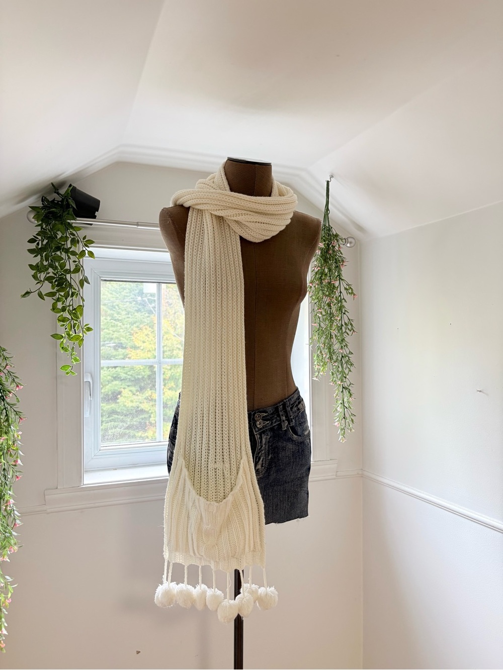 Cream Knit Pom-Pom Scarf